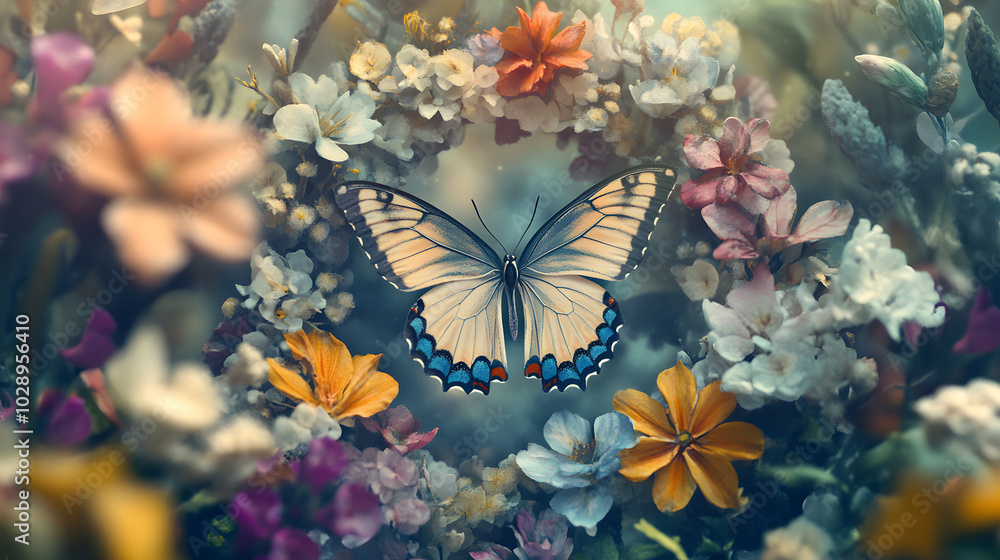 A Serene Watercolor Illustration of a Butterfly Elegantly Framed by Colorful Flowers in Soft Pastel Tones for Charming Wallpaper A Serene Watercolor Illustration of a Butterfly Elegantly Framed by Colorful Flowers in Soft Pastel Tones for Charming Wallpaper