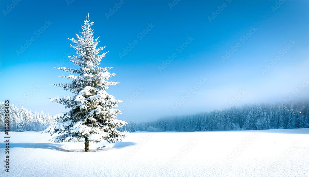 Fototapeta premium Tannenbaum einzeln in Schneelandschaft
