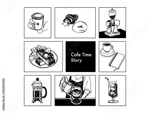 シンプルなコーヒーの手書きイラスト。カフェタイム