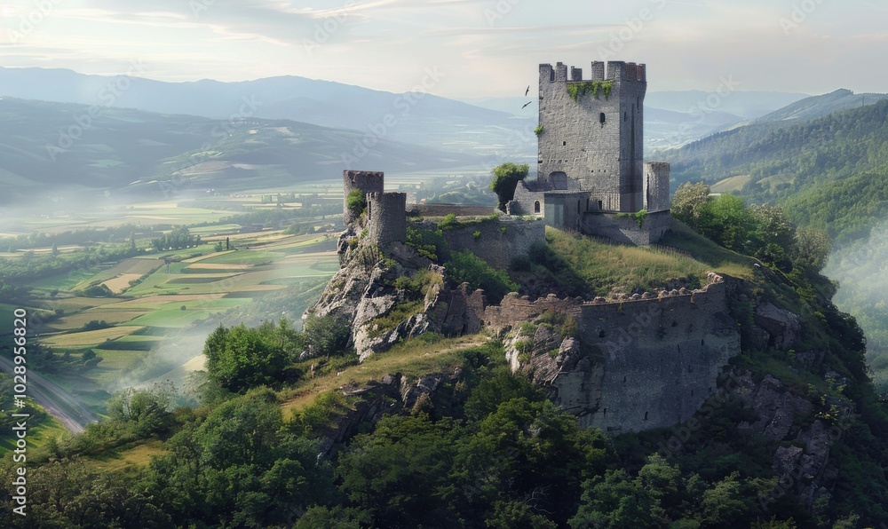 Ancient castle perched on a hilltop overlooking a valley, 4K hyperrealistic photo Ancient castle perched on a hilltop overlooking a valley, 4K hyperrealistic photo
