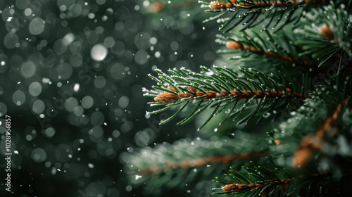 Sparkling snowflakes gently fall against backdrop of evergreen branches, creating serene winter scene filled with tranquility and beauty