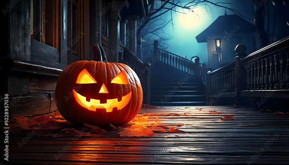 Fototapeta premium Halloween pumpkin decoration on porch, spooky night background