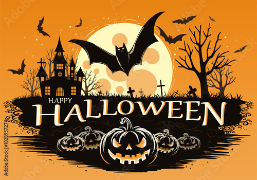 Happy Halloween. A background or banner depicting a castle, a moon with bats and pumpkins. An invitation to the party. Halloween promotions for online stores and social networks.