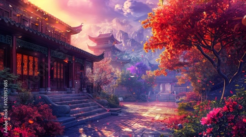 A serene courtyard with traditional architecture, vibrant red and pink flowers, and a large tree with red leaves. Sunlight filters through, creating a peaceful and picturesque scene.