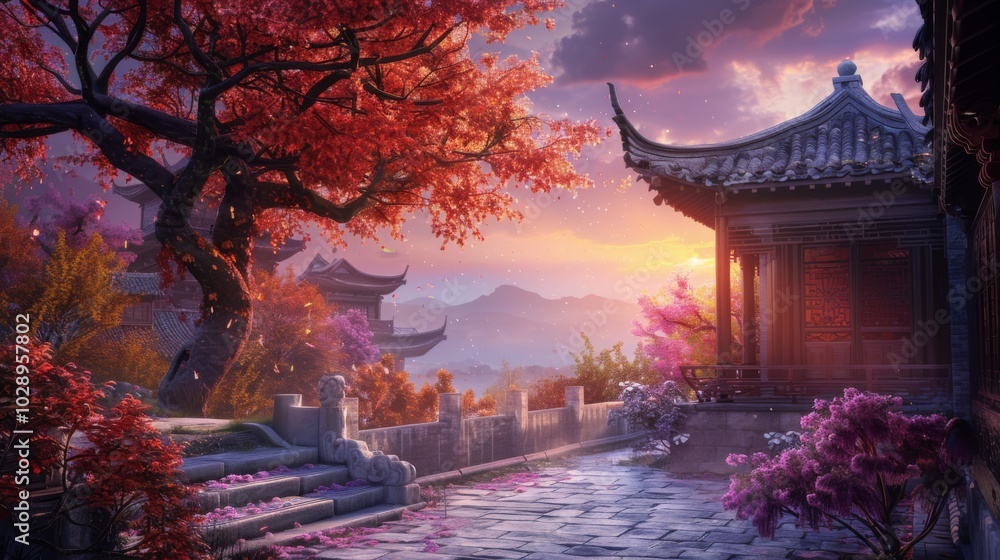 Obraz premium A serene courtyard with traditional architecture, vibrant red and pink flowers, and a large tree with red leaves. Sunlight filters through, creating a peaceful and picturesque scene.