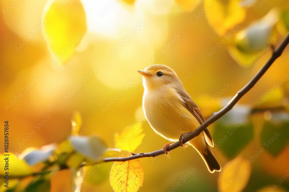 A small yellow bird is perched on a branch in a tree. The bird is looking to its left. The scene is bright and sunny, with the sun shining through the leaves of the tree A small yellow bird is perched on a branch in a tree. The bird is looking to its left. The scene is bright and sunny, with the sun shining through the leaves of the tree