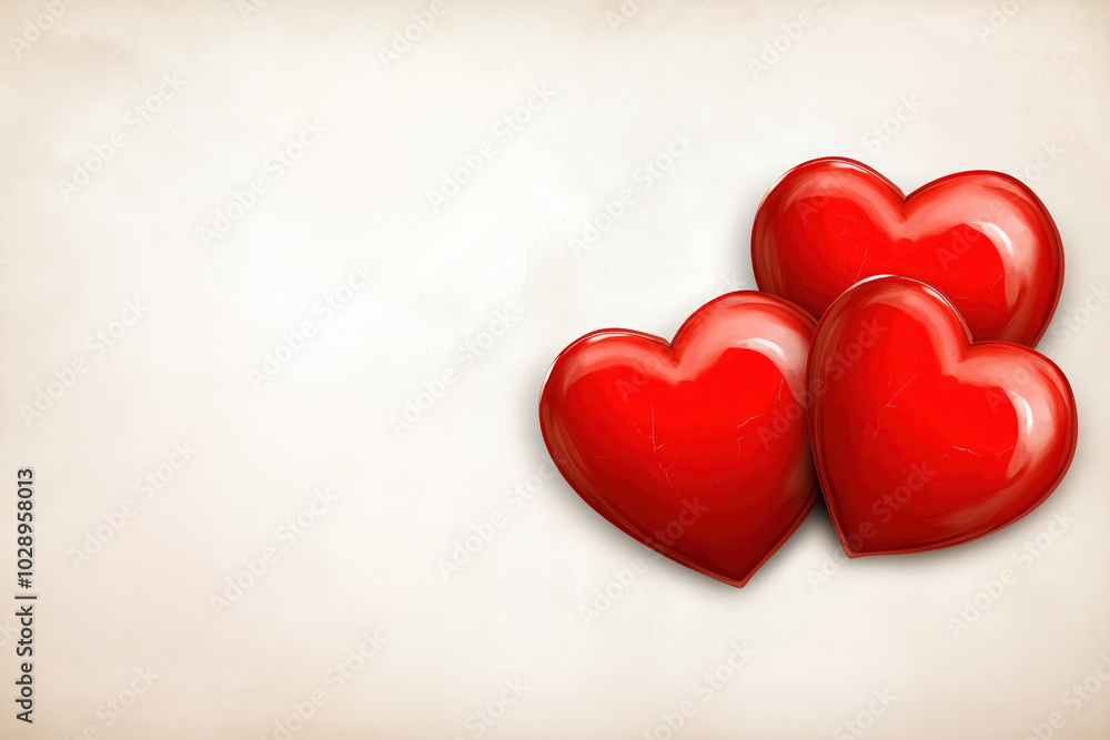 Three shiny red hearts on a soft beige background for romantic themes or designs Three shiny red hearts on a soft beige background for romantic themes or designs