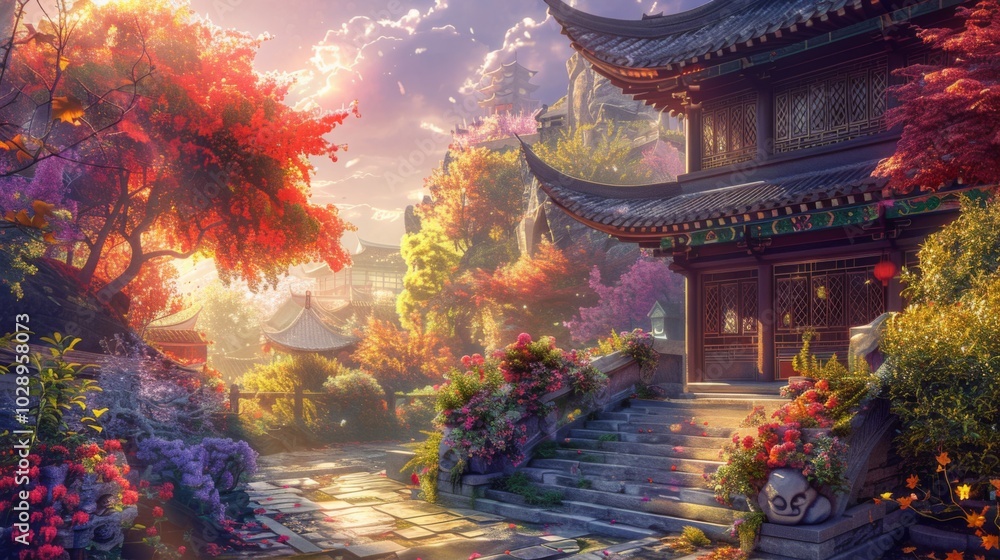 A serene courtyard with traditional architecture, vibrant red and pink flowers, and a large tree with red leaves. Sunlight filters through, creating a peaceful and picturesque scene. A serene courtyard with traditional architecture, vibrant red and pink flowers, and a large tree with red leaves. Sunlight filters through, creating a peaceful and picturesque scene.