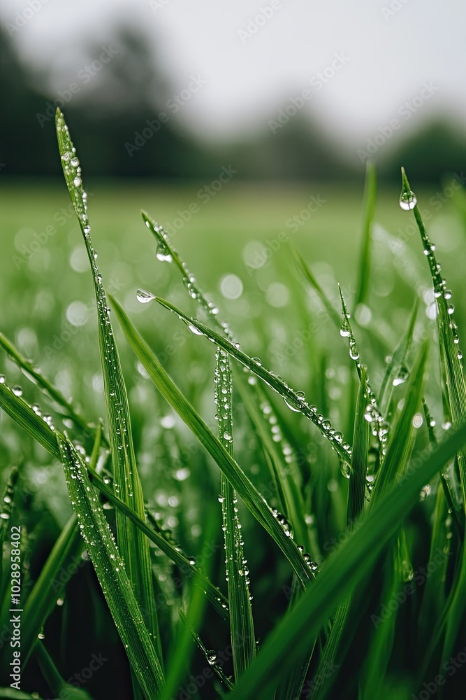 Obraz premium A close-up of water droplets on grass. background, wallpaper.