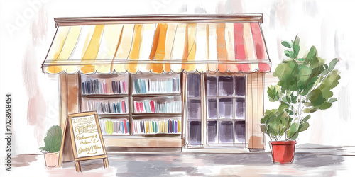 Charming local bookstore facade with striped awning and potted plants