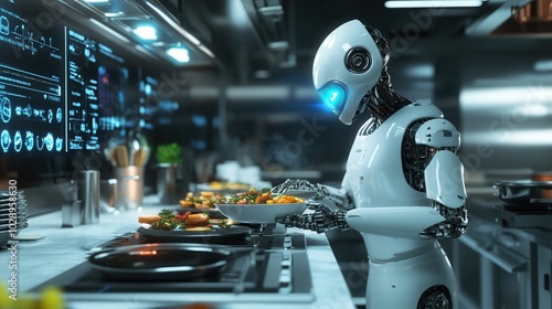 A robot chef preparing gourmet dishes in a high-tech kitchen, controlled by AI software