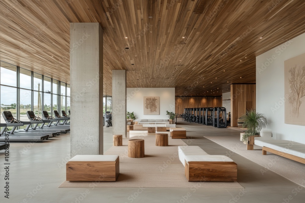 Spacious gym interior featuring elegant wooden design, state-of-the-art exercise machines, and a serene atmosphere conducive to fitness and relaxation. Spacious gym interior featuring elegant wooden design, state-of-the-art exercise machines, and a serene atmosphere conducive to fitness and relaxation.