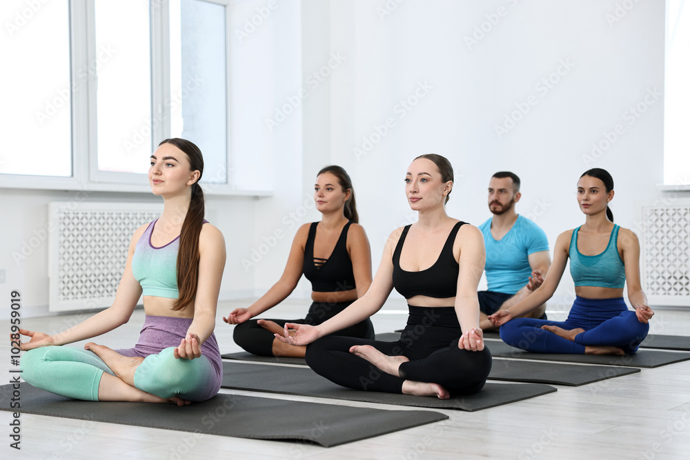 Group of people meditating on mats in yoga class Group of people meditating on mats in yoga class
