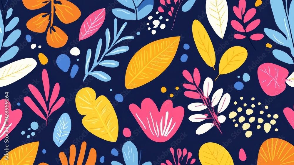 A colorful pattern of leaves and flowers is displayed on a blue background. The design is vibrant and lively, with a mix of different colors and shapes. Scene is cheerful and uplifting A colorful pattern of leaves and flowers is displayed on a blue background. The design is vibrant and lively, with a mix of different colors and shapes. Scene is cheerful and uplifting