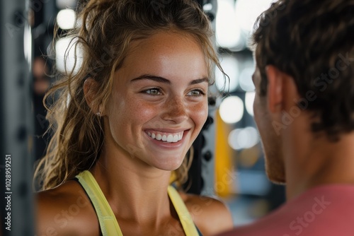 A young athletic couple smiling at each other in a gym, wearing exercise gear, hinting at a positive, energetic atmosphere and a strong connection between them.