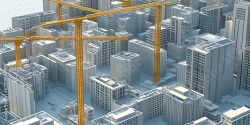 Fototapeta Naklejka Na Ścianę i Meble -  This is a 3d illustration of a city under construction with many cranes