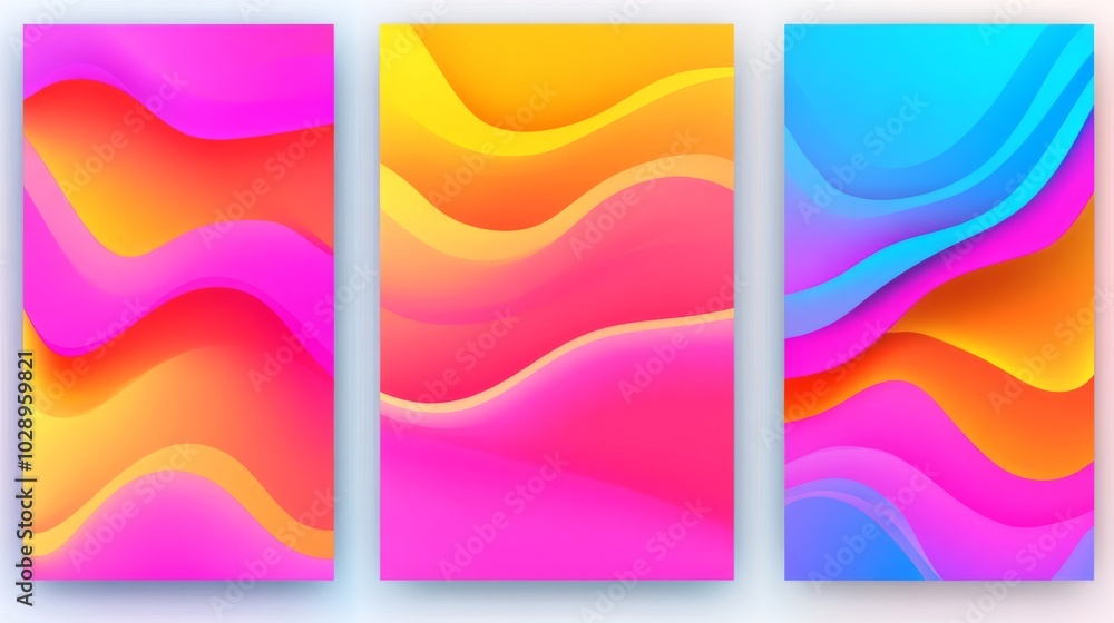 Three colorful abstract paintings with a wave-like pattern. The paintings are in different colors and sizes, but they all have a similar theme of waves. The paintings are arranged in a row Three colorful abstract paintings with a wave-like pattern. The paintings are in different colors and sizes, but they all have a similar theme of waves. The paintings are arranged in a row
