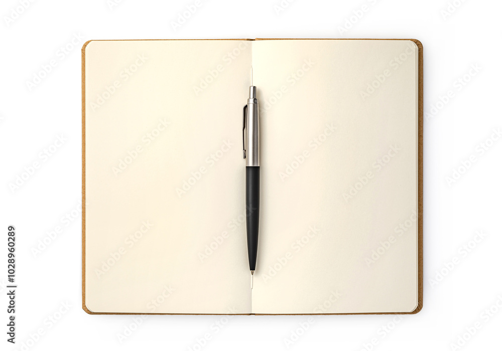 A clean, open notebook with classic pen resting on its pages ready for writing or drawing ideas during a creative session. A clean, open notebook with classic pen resting on its pages ready for writing or drawing ideas during a creative session.