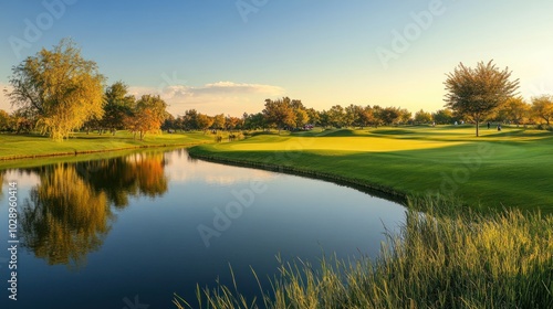 Golf Course with a Winding Waterway and Fall Foliage