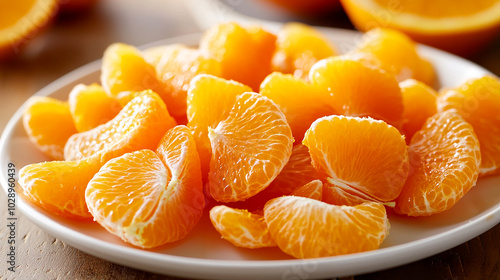 Freshly peeled orange segments on a white dish