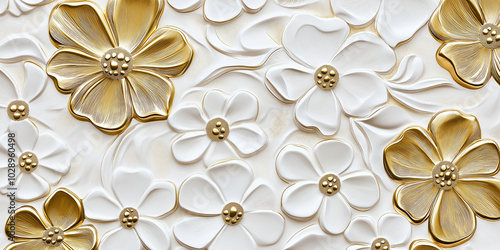 3d wallpaper with large white and gold flowers forming a floral pattern