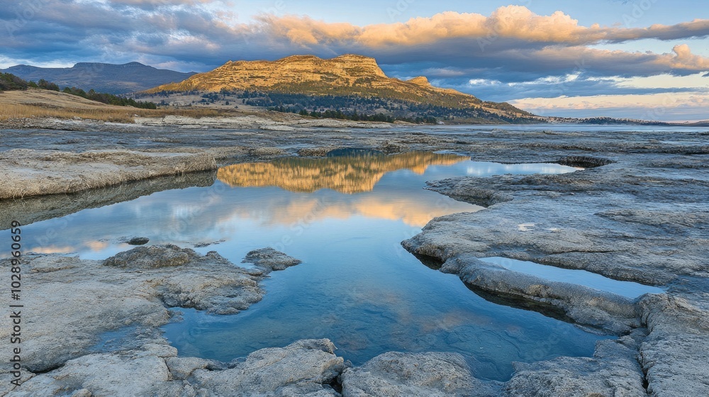 A desert oasis formed by floodwaters, with shallow pools of water reflecting the clear sky and distant dunes. A desert oasis formed by floodwaters, with shallow pools of water reflecting the clear sky and distant dunes.