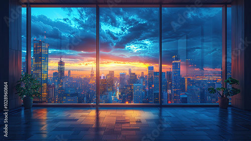 The cityscape through the window from inside the room is a marvel with large, intricate buildings that appear modern and beautiful in both daylight and nighttime. High resolution Illustration, in the