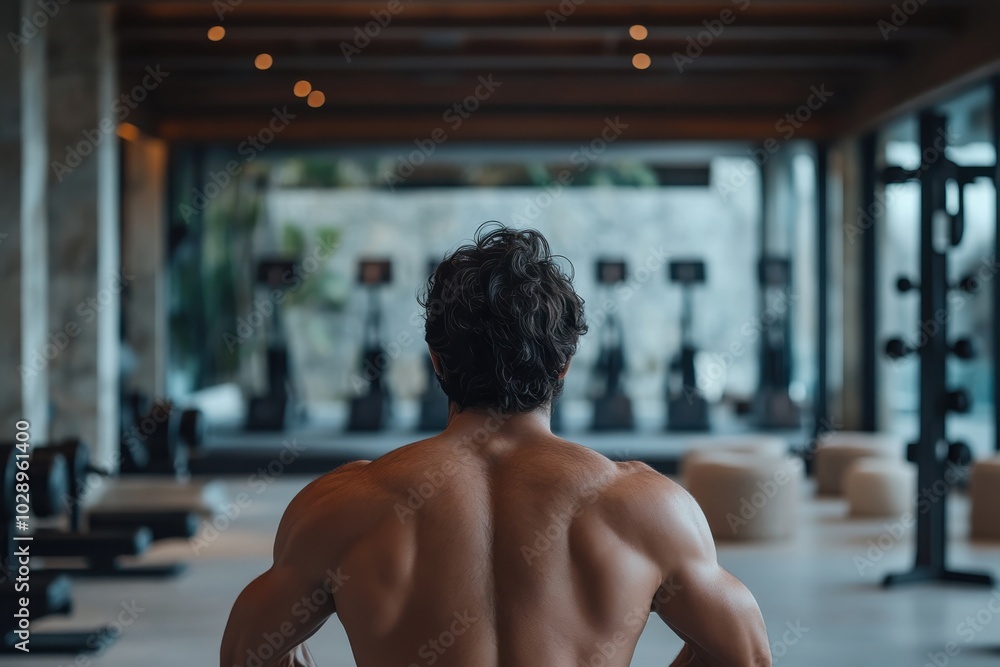 A muscular man is seen from behind in a sleek, minimalist gym, capturing the essence of strength and dedication in a serene fitness environment. A muscular man is seen from behind in a sleek, minimalist gym, capturing the essence of strength and dedication in a serene fitness environment.