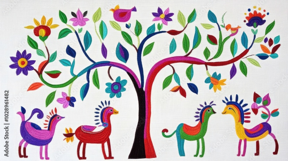 A detailed folk art design with swirling vines, flowers, and animals, showcasing the richness of traditional crafts. A detailed folk art design with swirling vines, flowers, and animals, showcasing the richness of traditional crafts.