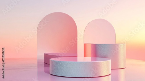 Pastel Pink Cylindrical Platforms with Arched Mirrors