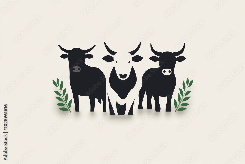 Three cows are standing in front of a green leafy background. The cows are black and white Three cows are standing in front of a green leafy background. The cows are black and white