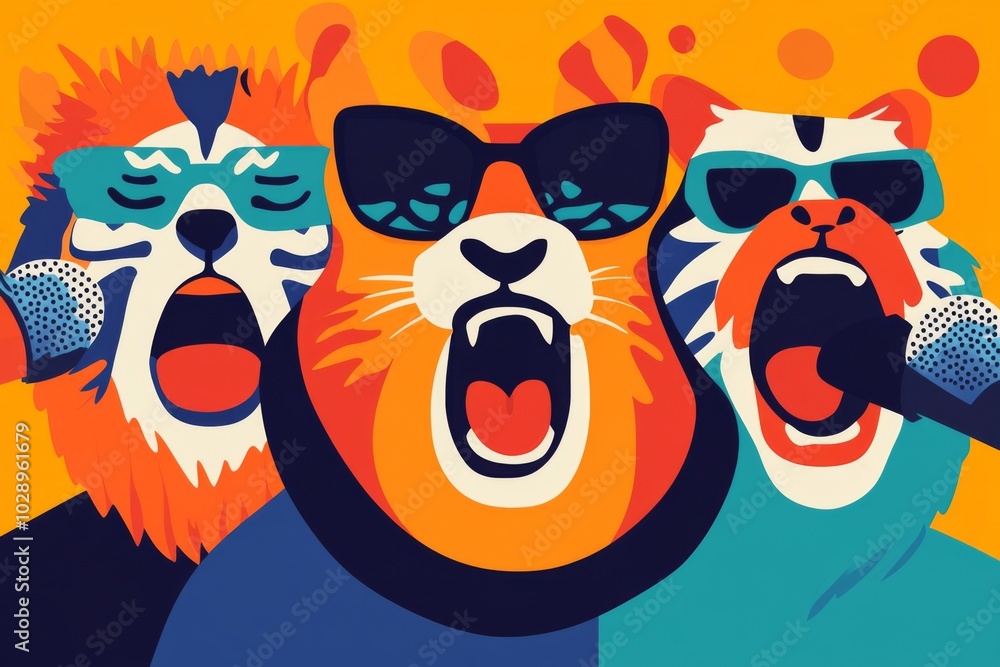 Fototapeta premium Three cats wearing sunglasses and microphones are singing. The cats are in a colorful, artistic style. Scene is fun and playful