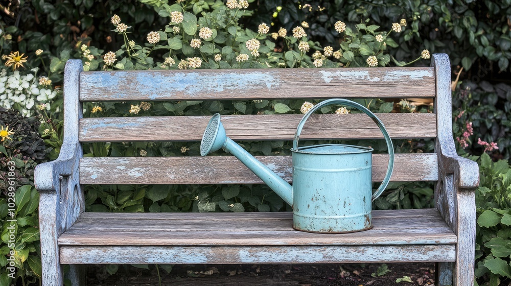 Blue Watering Can on a Wooden Bench in a Garden Blue Watering Can on a Wooden Bench in a Garden