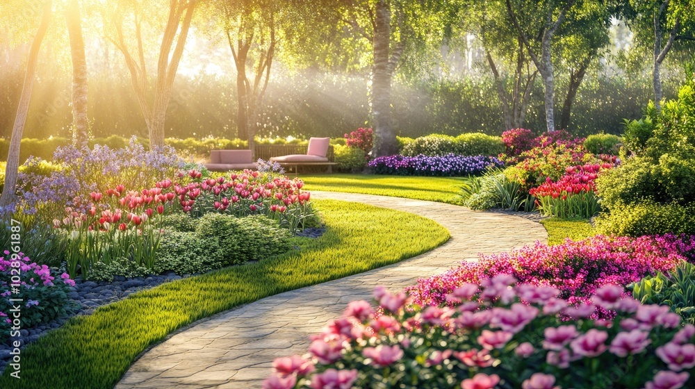 Lush Backyard Garden with Vibrant Flowers and Pathway Lush Backyard Garden with Vibrant Flowers and Pathway