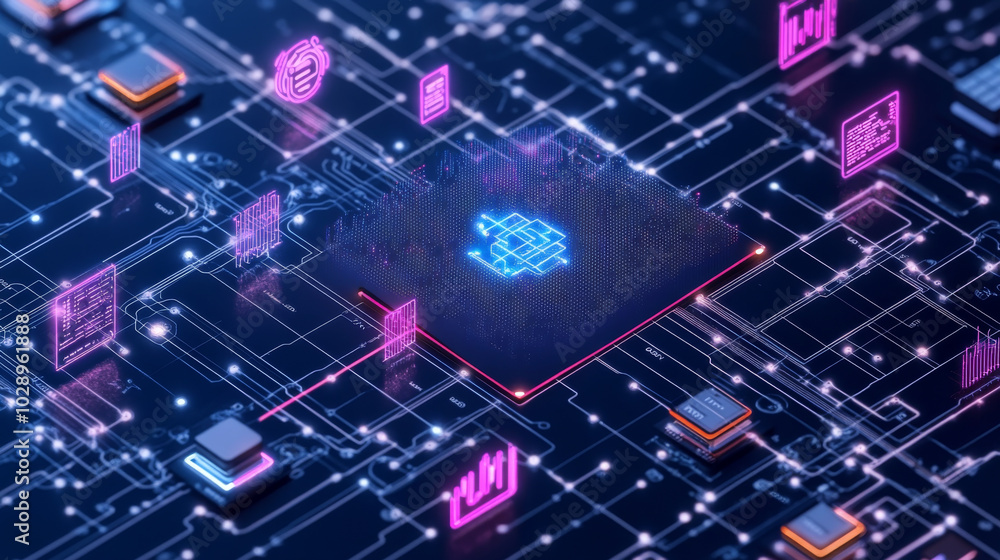 A futuristic microchip surrounded by glowing data icons and circuit patterns represents advanced technology and innovation. This image captures essence of digital transformation and connectivity A futuristic microchip surrounded by glowing data icons and circuit patterns represents advanced technology and innovation. This image captures essence of digital transformation and connectivity