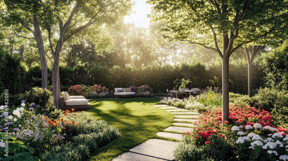 Fototapeta premium Vibrant Backyard Garden with Lush Greenery and Flowers