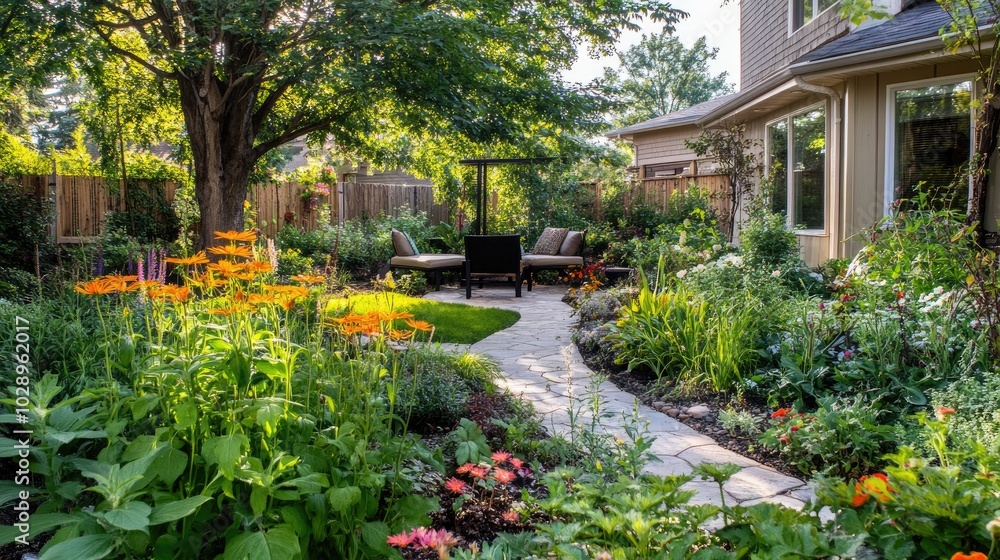 Fototapeta premium Lush Vibrant Backyard Garden Oasis