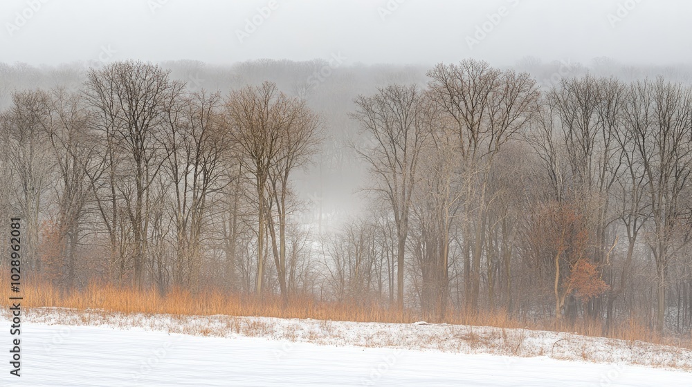 A foggy winter forest with tall trees disappearing into the mist, snow on the ground, and a mystical silence all around.