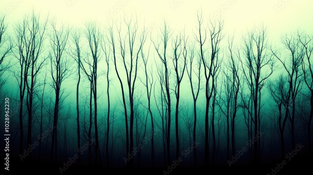 Obraz premium A hauntingly beautiful winter forest, with snow-covered branches and thick fog creating a mystical, ethereal scene.