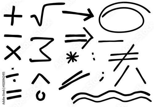 Hand-drawn mathematical symbols and numbers collection set
