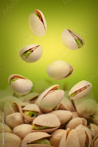 pistachio nuts on green