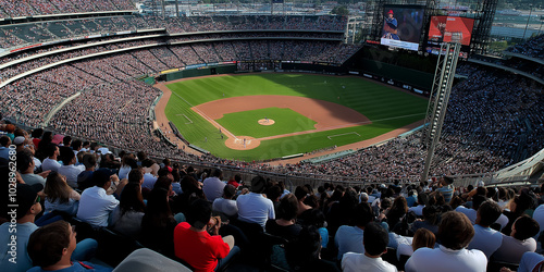 Huge crowd of baseball fans is watching a baseball game in a stadium
