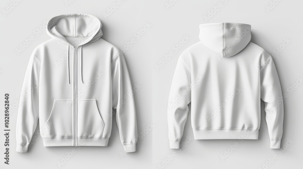 White zip-up hoodie mockup. Zipper hoodie. Front and back hoodie template White zip-up hoodie mockup. Zipper hoodie. Front and back hoodie template