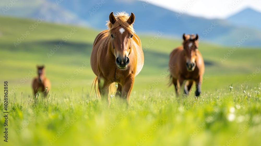 Three horses are running through a green field. The horses are brown and white Three horses are running through a green field. The horses are brown and white