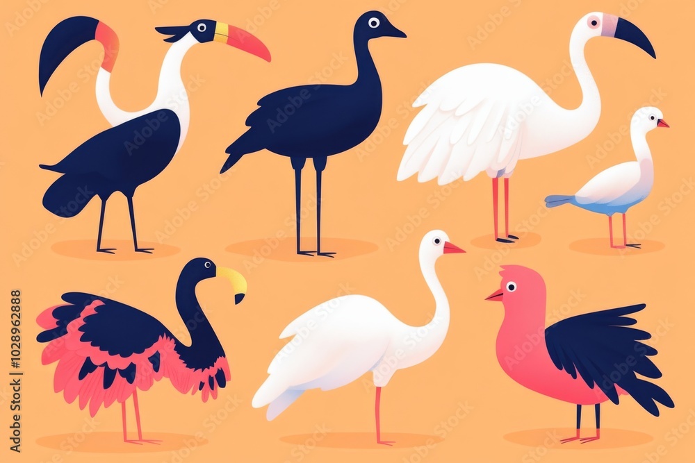 Obraz premium A collection of colorful birds with different shapes and sizes. The birds are arranged in a row, with some standing upright and others sitting down. Scene is cheerful and lively