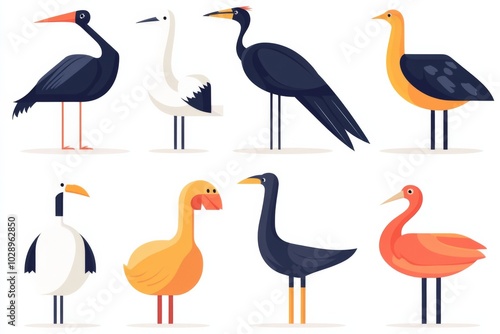 A set of birds in various colors and sizes, including a yellow bird, a black bird, and a white bird photo