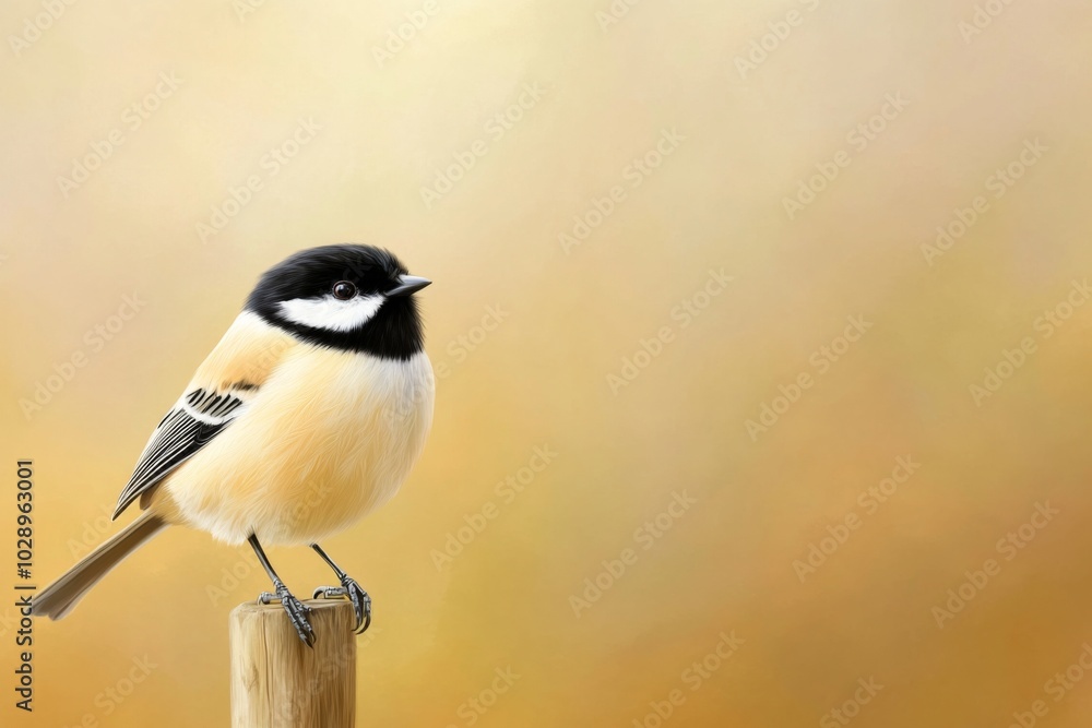 A small bird is perched on a wooden post. The bird is yellow and black, and it is looking to its left. The image has a peaceful and serene mood, as the bird is alone A small bird is perched on a wooden post. The bird is yellow and black, and it is looking to its left. The image has a peaceful and serene mood, as the bird is alone