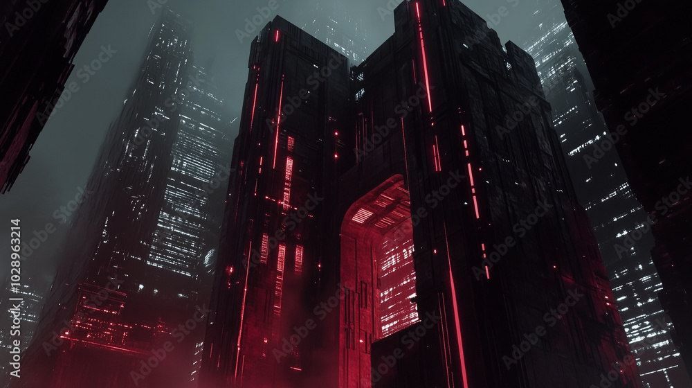 Naklejka premium Futuristic cityscape with towering skyscrapers illuminated by red neon lights, shrouded in mist and mystery