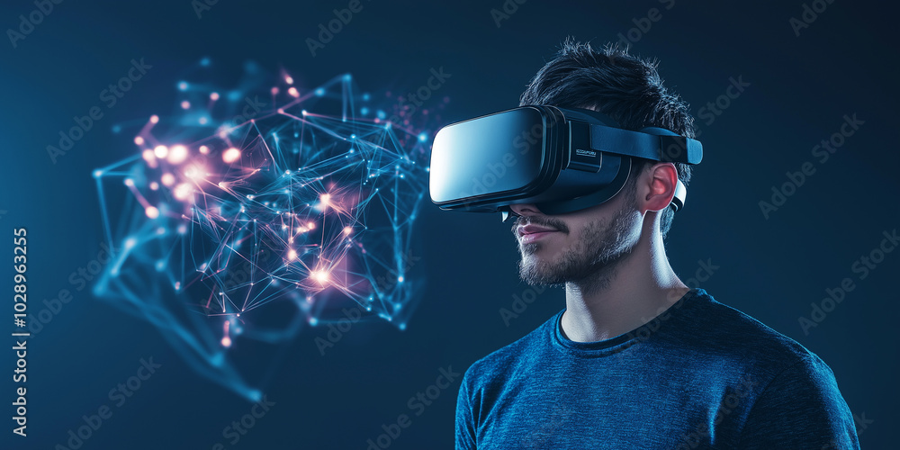 Software developer using virtual reality glasses with neural network illustration Software developer using virtual reality glasses with neural network illustration