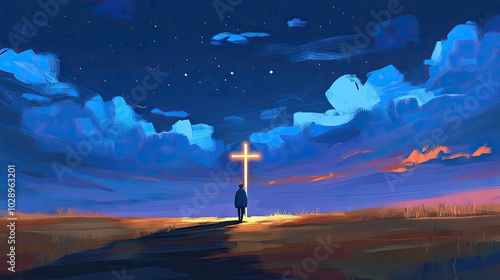 A person walks towards a glowing cross at the end of a path, symbolizing faith, salvation, and spiritual hope in a moment of reflection. photo